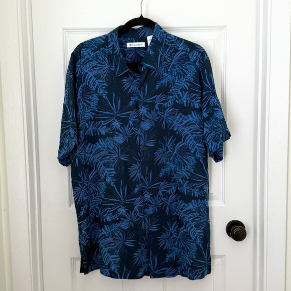 Men Cubavera Viscose Leaf Print Challis Button Shirt in Blue Size Large - Picture 2 of 7